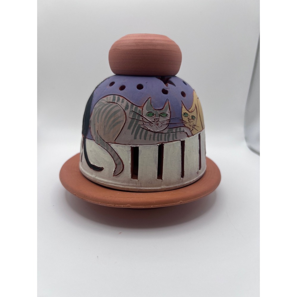 Hand‎ Painted Terra Cotta Dome Tea Light Candle Holder Cute Cats Animal Lover